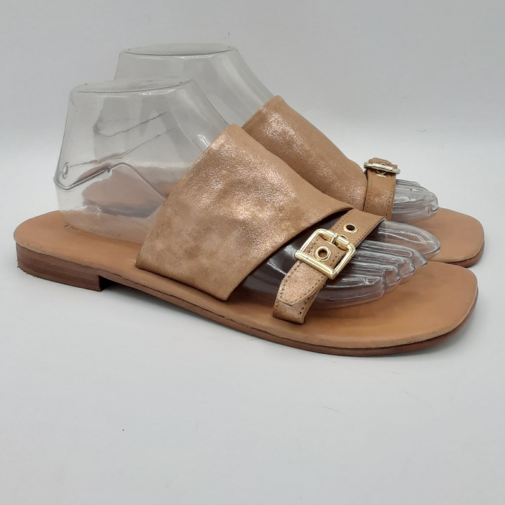 Free People Mila Minimal Flat Leather Slide Sandals With Buckle Detail.